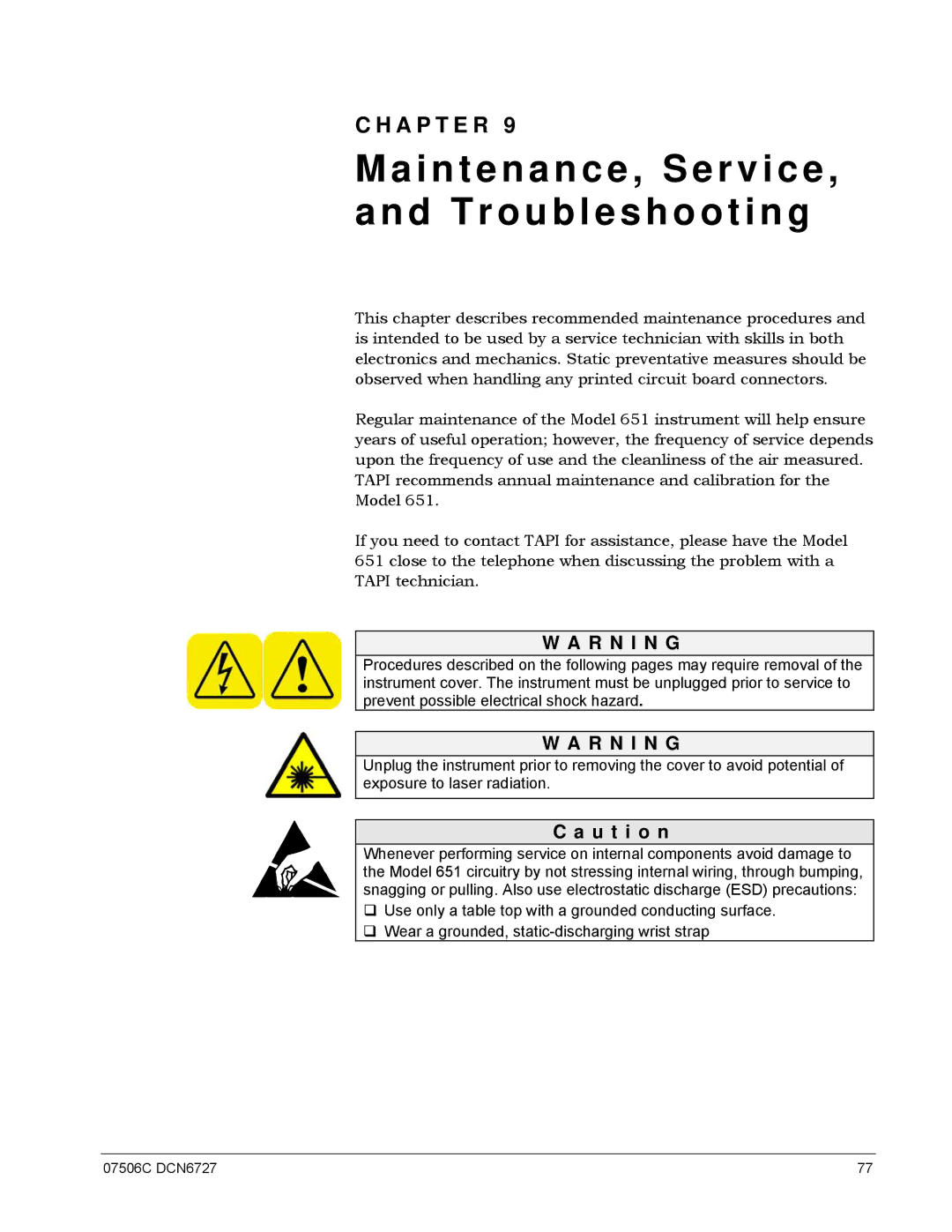 Teledyne 651 operation manual Maintenance, Service Troubleshooting, U t i o n 