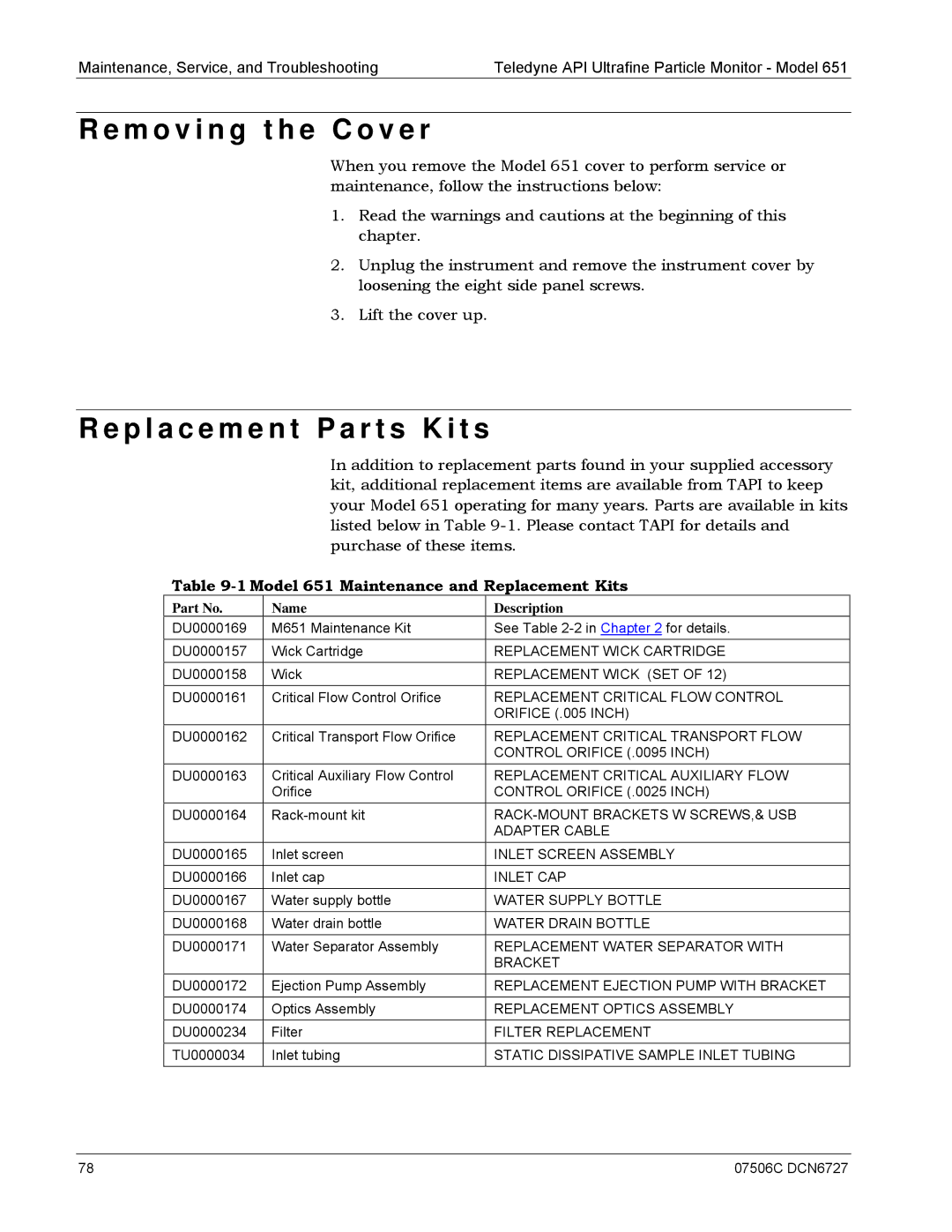 Teledyne 651 operation manual M o v i n g t h e C o v e r, P l a c e m e n t P a r t s K i t s 