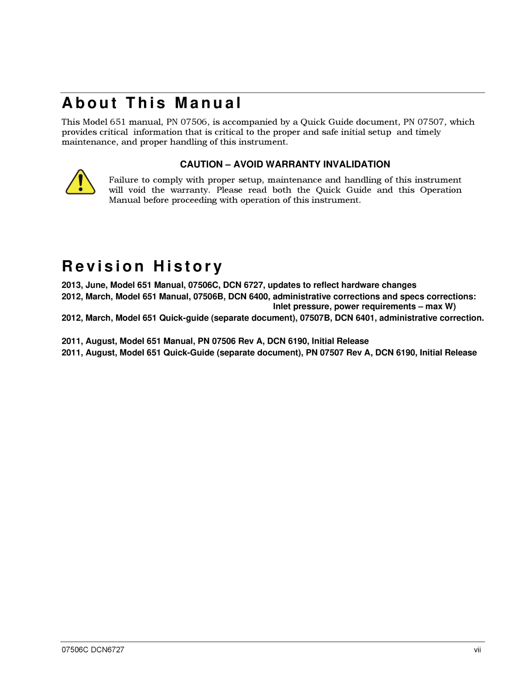 Teledyne 651 operation manual O u t T h i s M a n u a l, V i s i o n H i s t o r y 