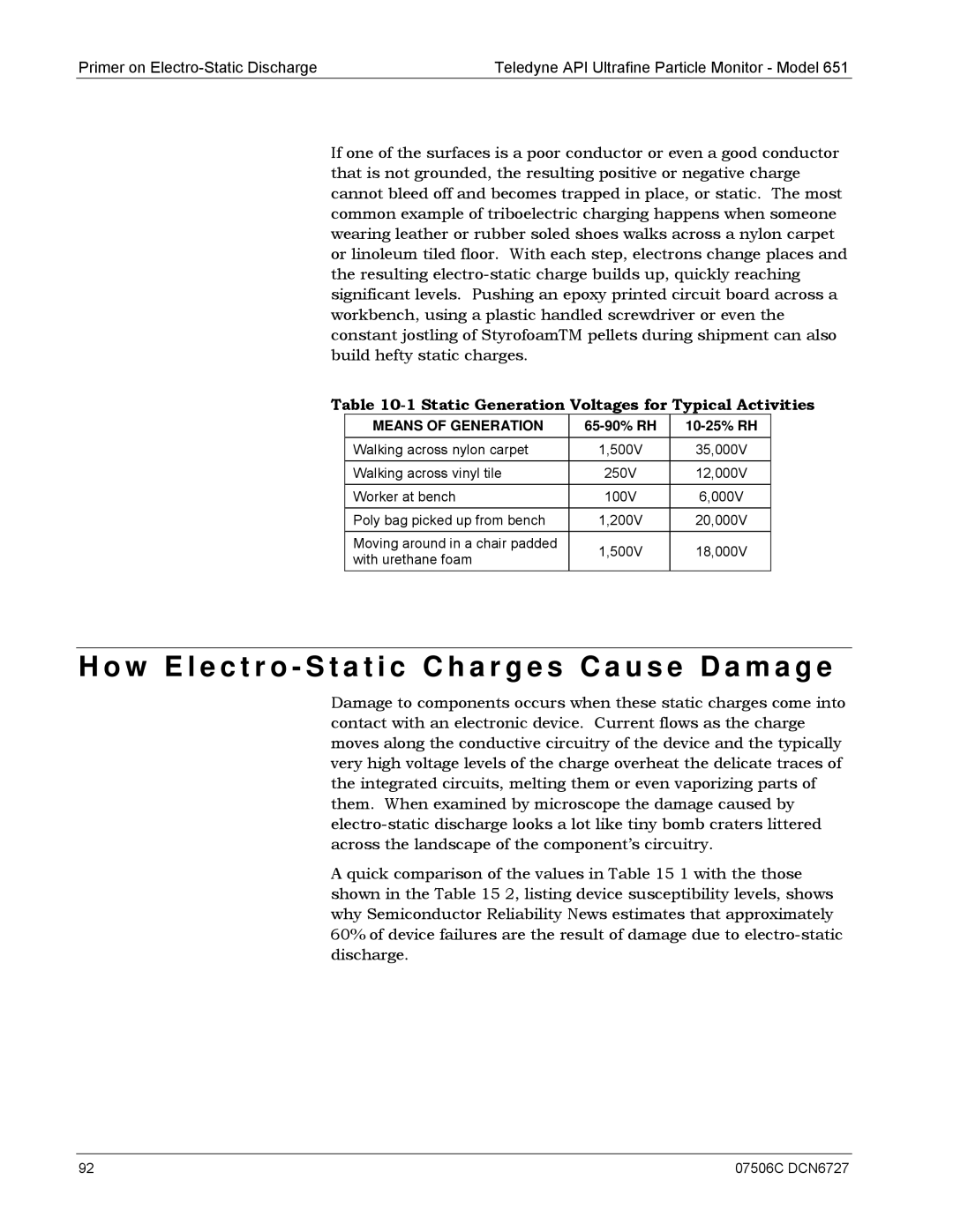 Teledyne 651 operation manual Static Generation Voltages for Typical Activities 