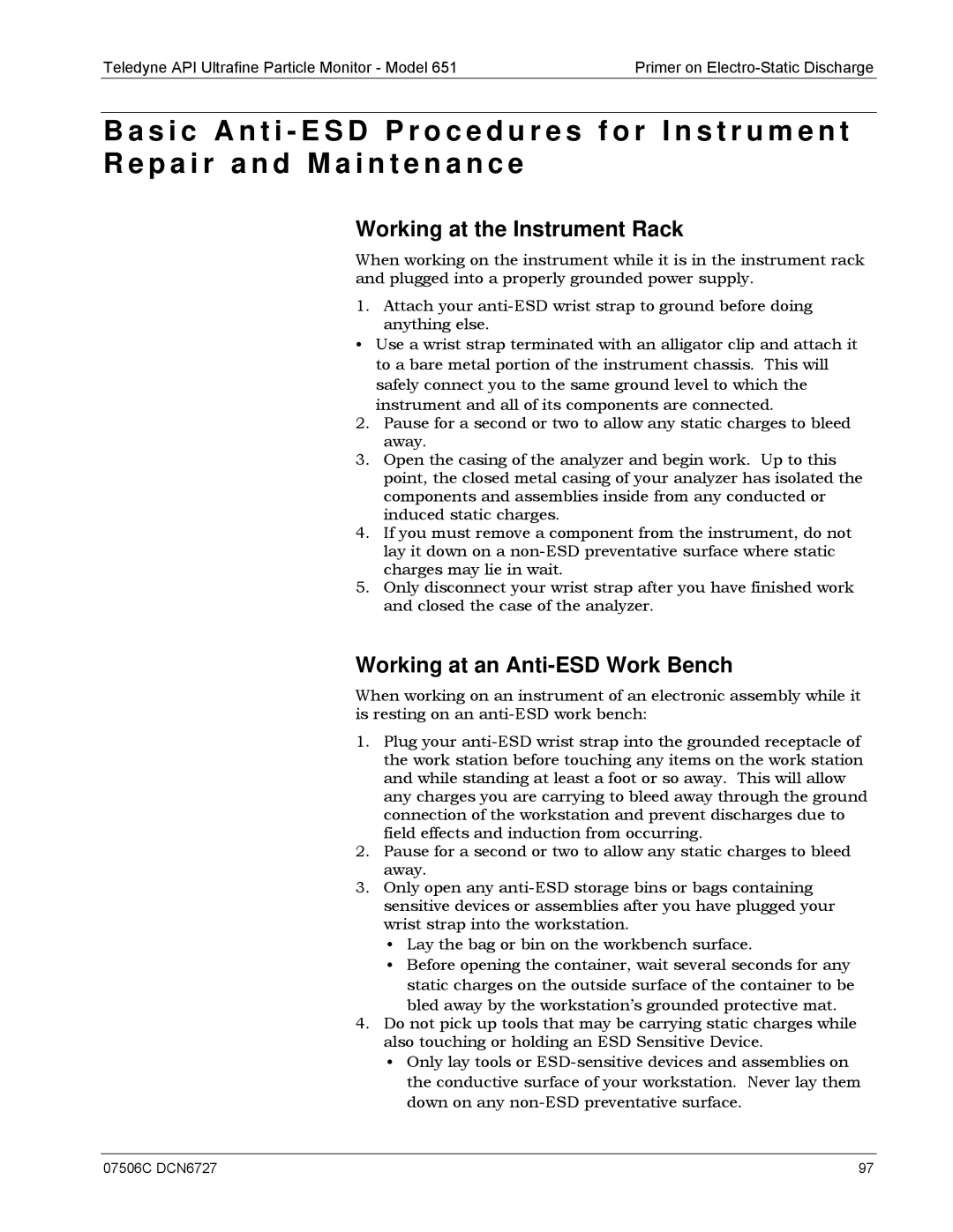 Teledyne 651 operation manual Working at the Instrument Rack, Working at an Anti-ESD Work Bench 