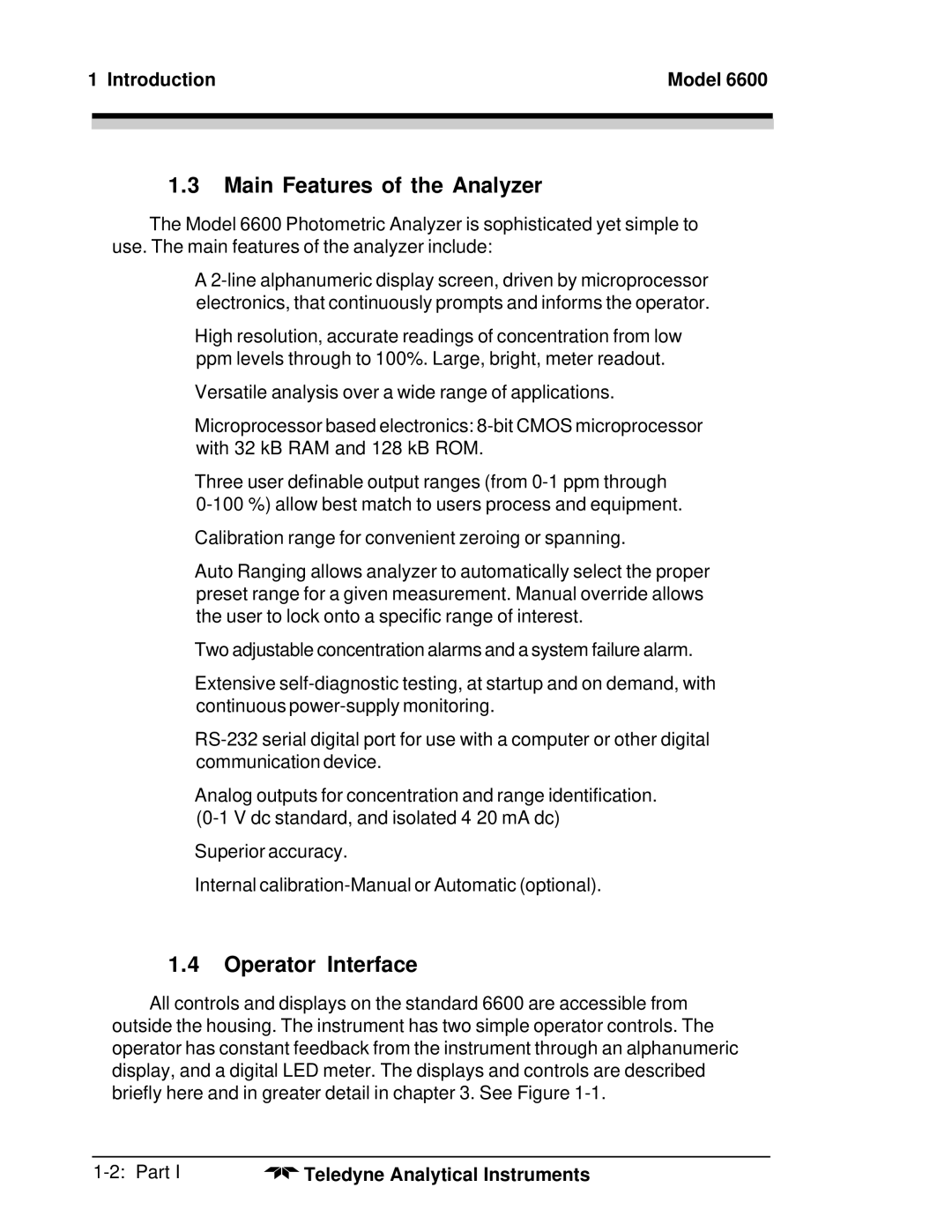 Teledyne 6600 manual Main Features of the Analyzer, Operator Interface, Introduction Model 