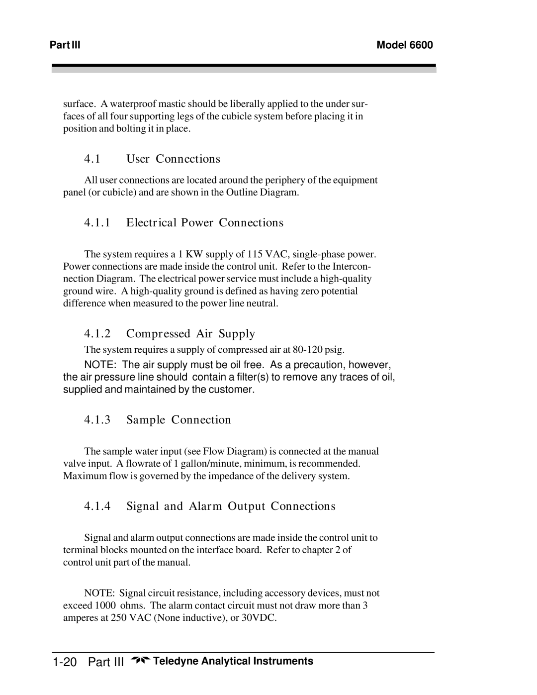 Teledyne 6600 manual User Connections, Electrical Power Connections, Compressed Air Supply, Sample Connection 