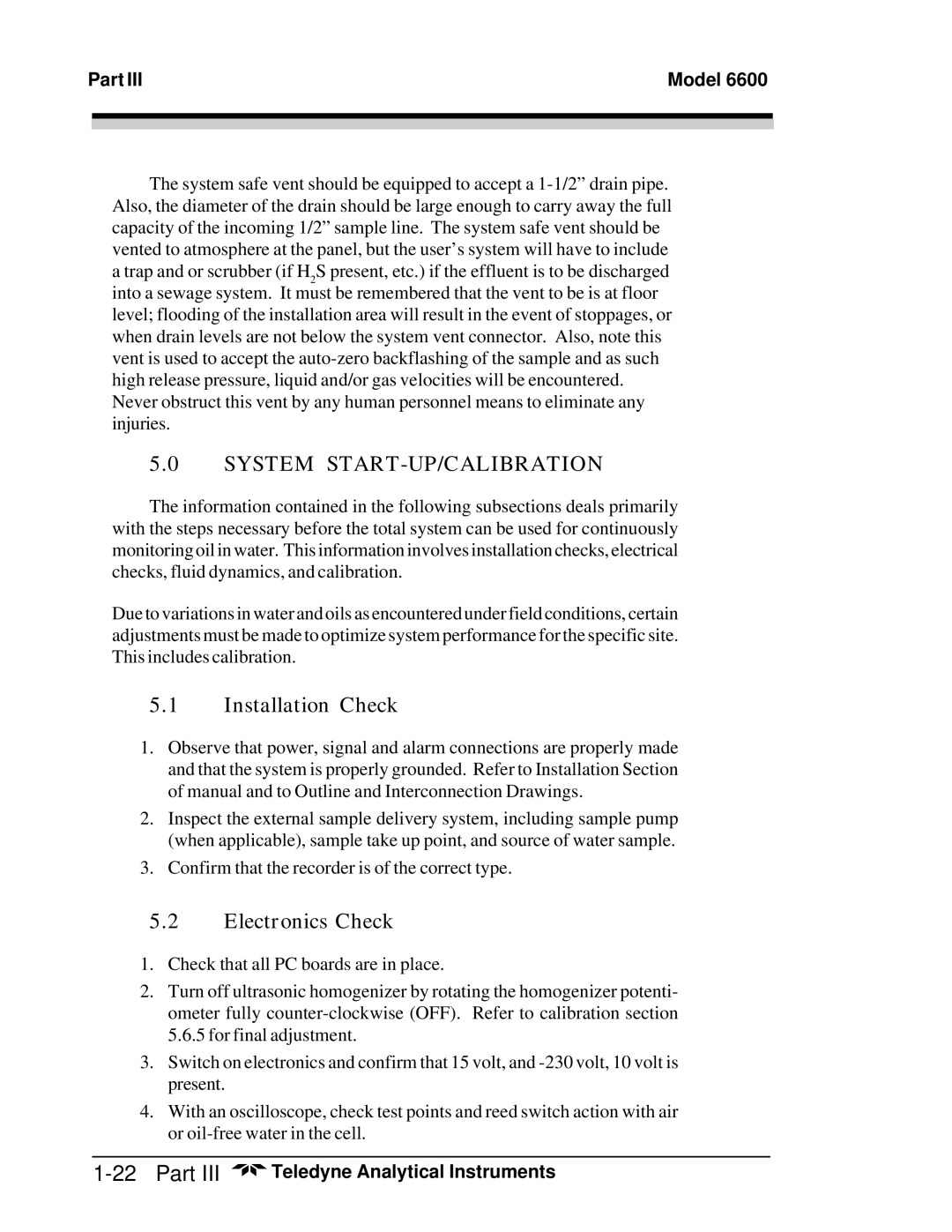 Teledyne 6600 manual Installation Check, Electronics Check 