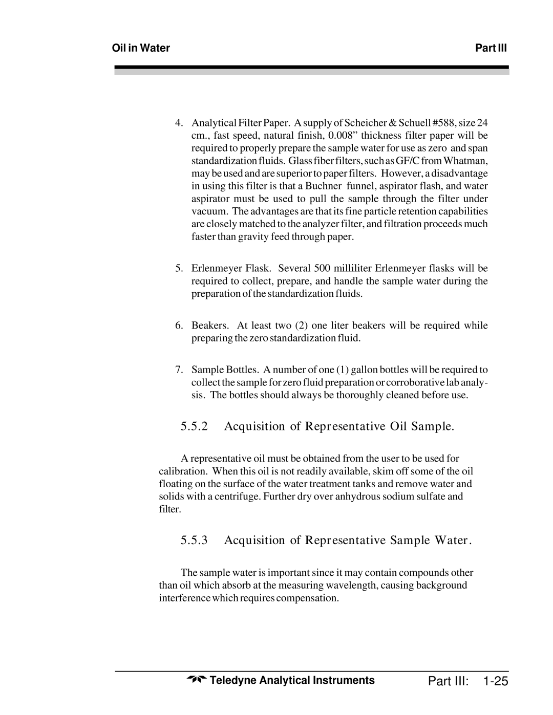 Teledyne 6600 manual Acquisition of Representative Oil Sample, Acquisition of Representative Sample Water 