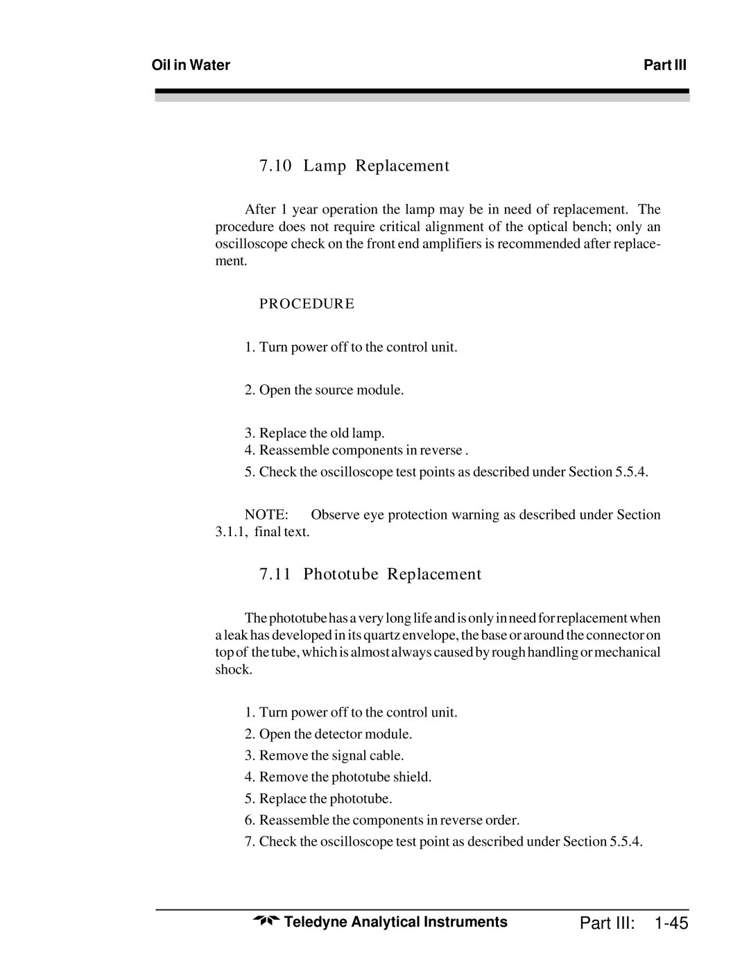 Teledyne 6600 manual Lamp Replacement, Phototube Replacement 