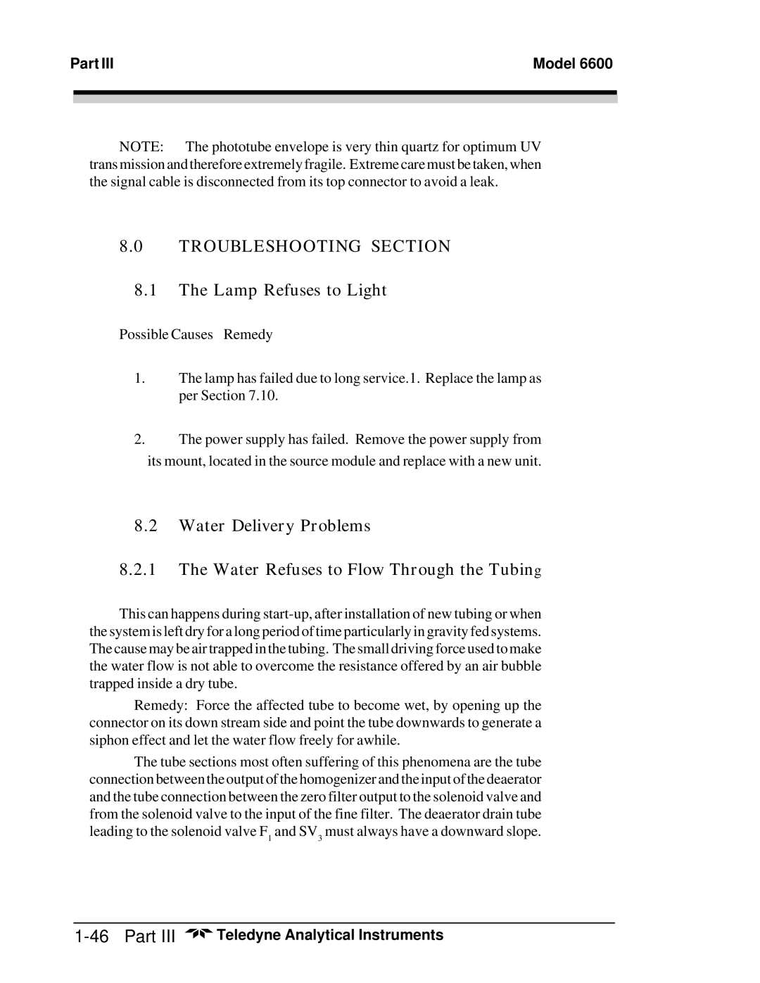 Teledyne 6600 manual Troubleshooting Section, Lamp Refuses to Light 