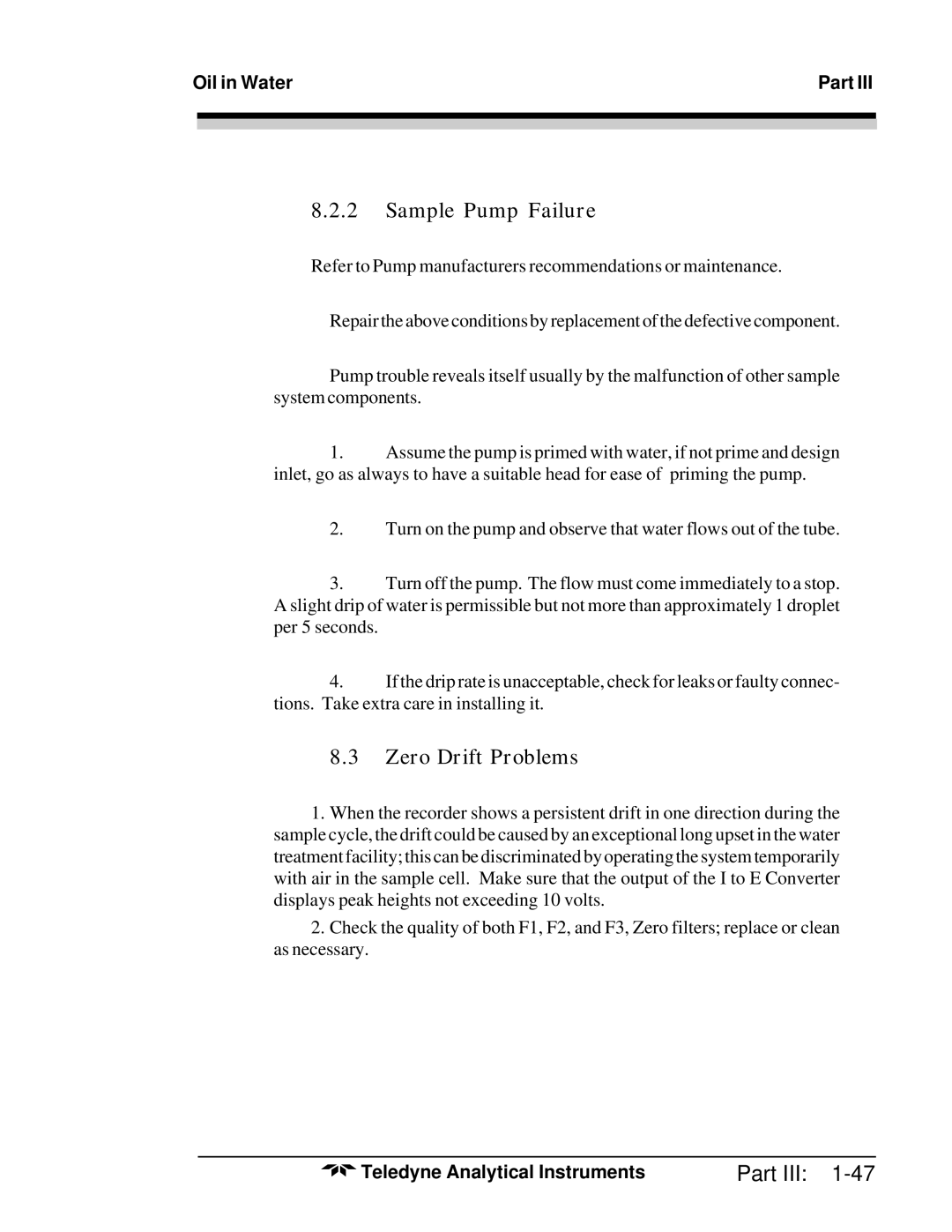 Teledyne 6600 manual Sample Pump Failure, Zero Drift Problems 
