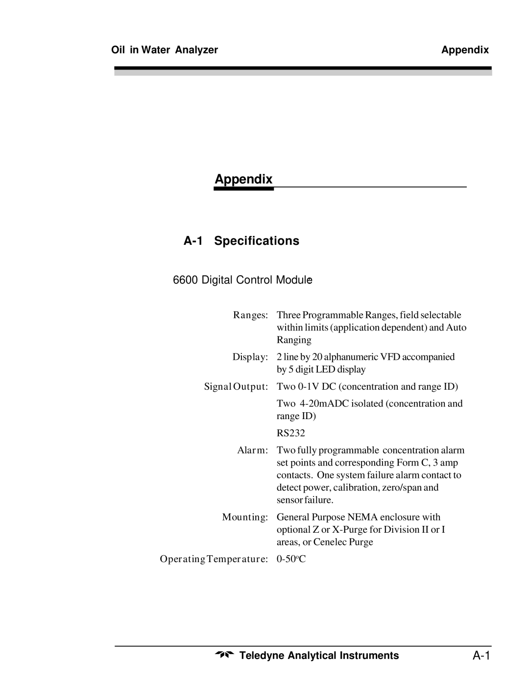 Teledyne 6600 manual Specifications, Oil in Water Analyzer Appendix, Operating Temperature 0-50oC 