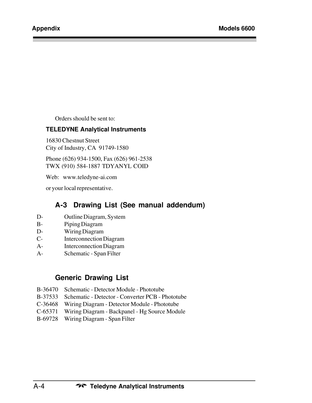 Teledyne 6600 Drawing List See manual addendum, Generic Drawing List 