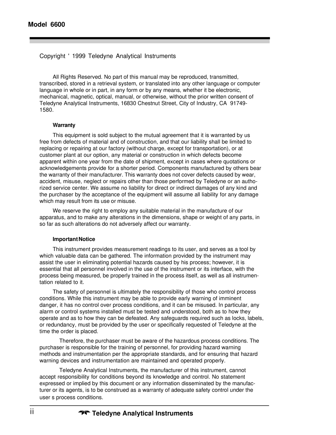 Teledyne 6600 manual Model, Copyright 1999 Teledyne Analytical Instruments 