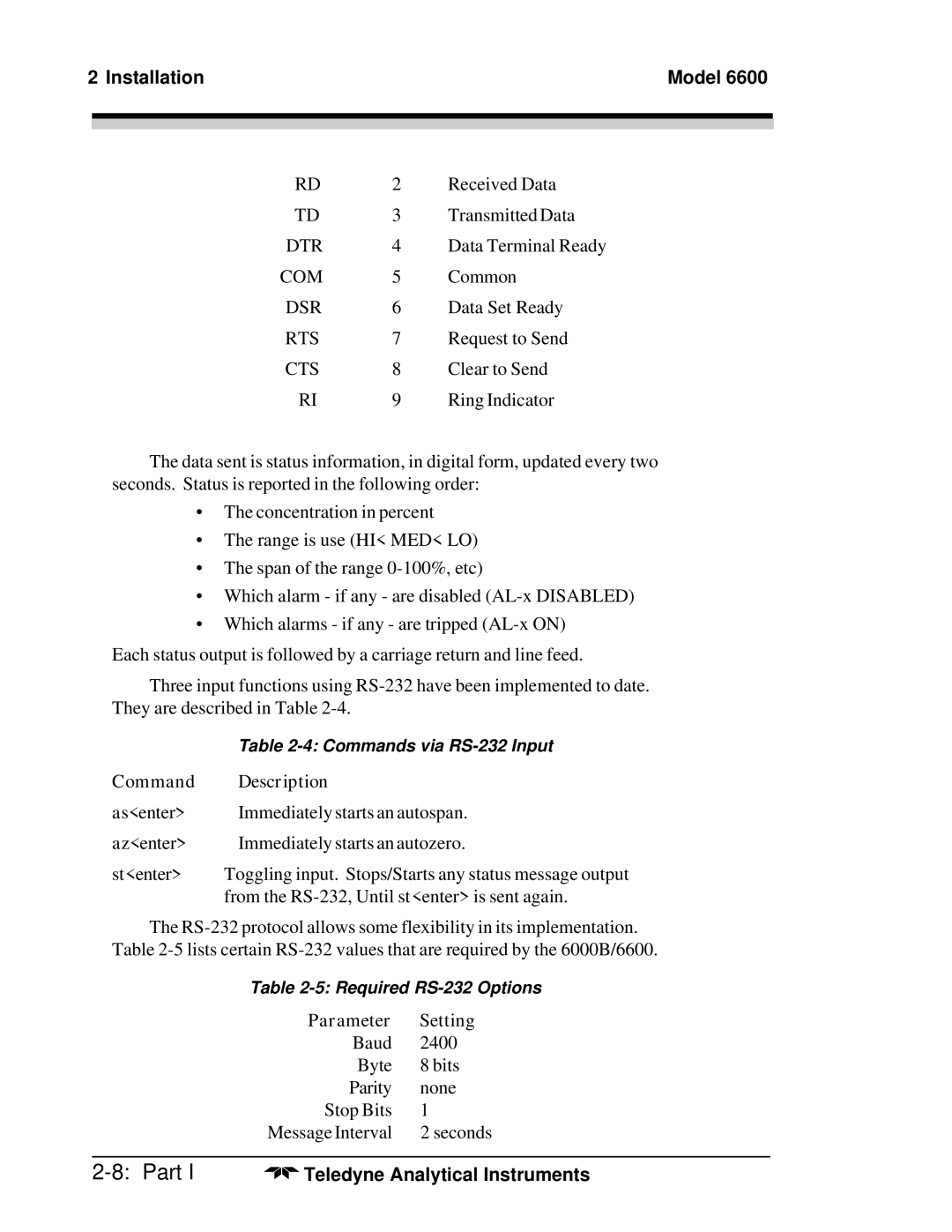 Teledyne 6600 manual Command Description, Parameter Setting 