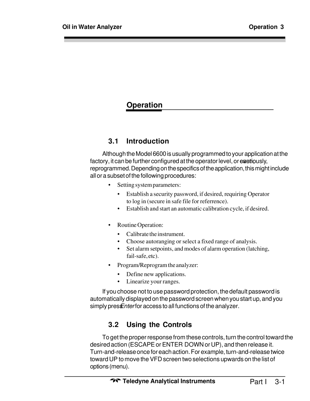 Teledyne 6600 manual Introduction, Using the Controls, Oil in Water Analyzer Operation 