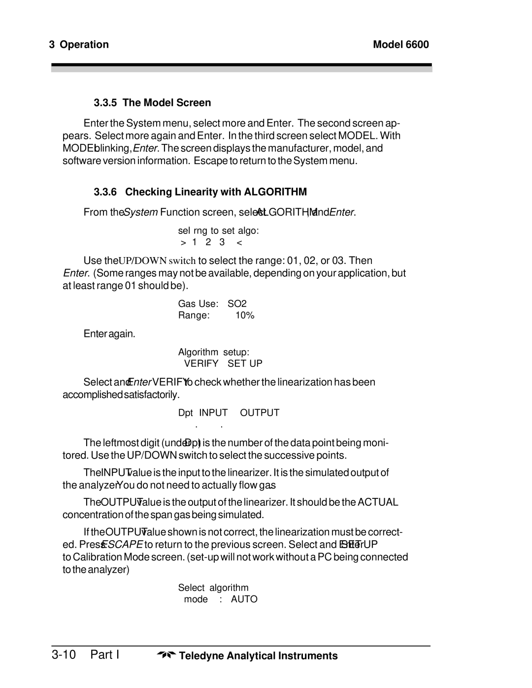 Teledyne 6600 manual Operation Model Model Screen, Checking Linearity with Algorithm 
