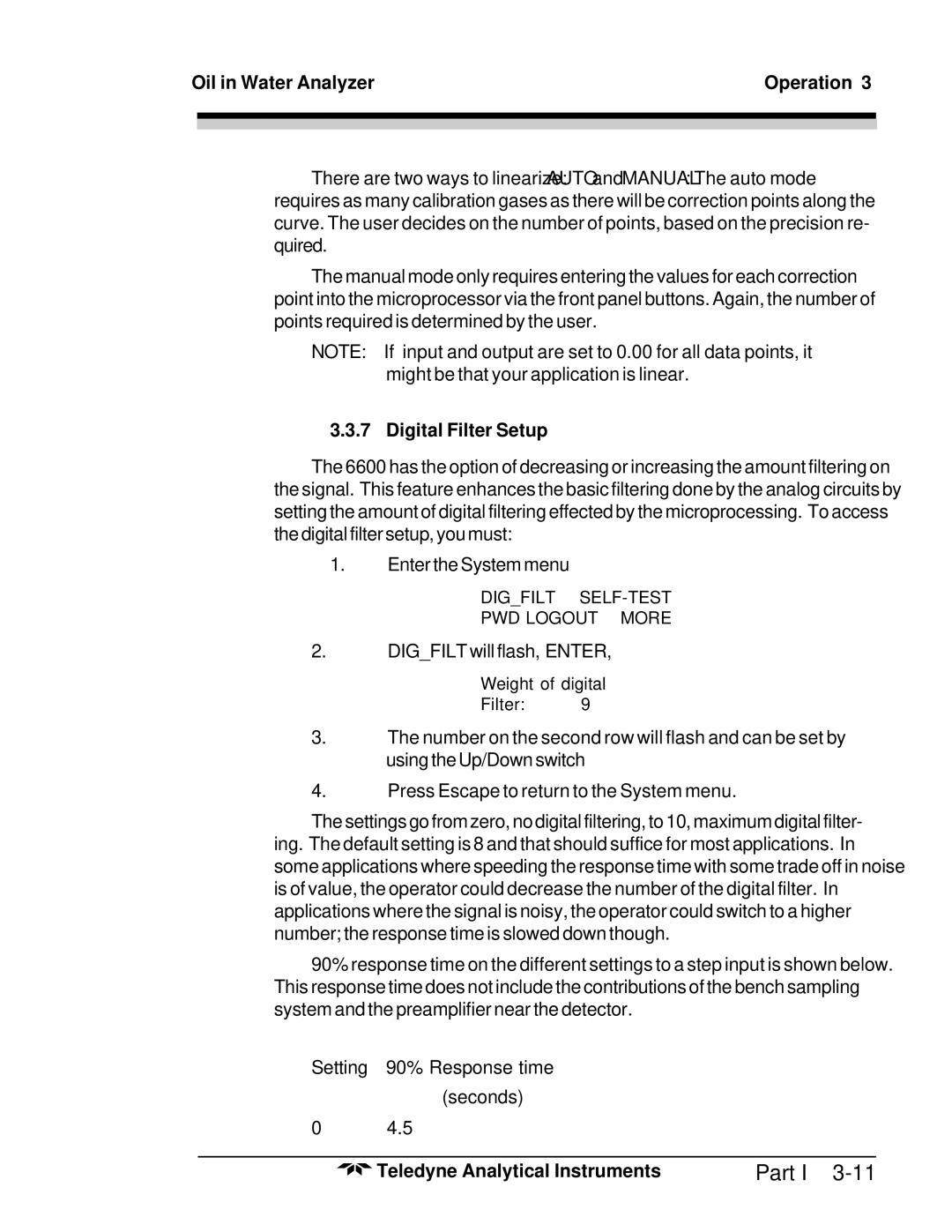 Teledyne 6600 manual Digital Filter Setup, Setting 90% Response time Seconds 