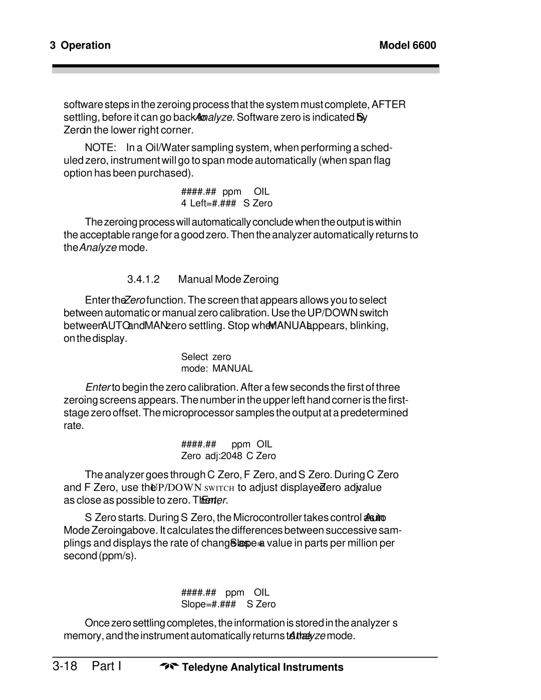 Teledyne 6600 manual Manual Mode Zeroing 