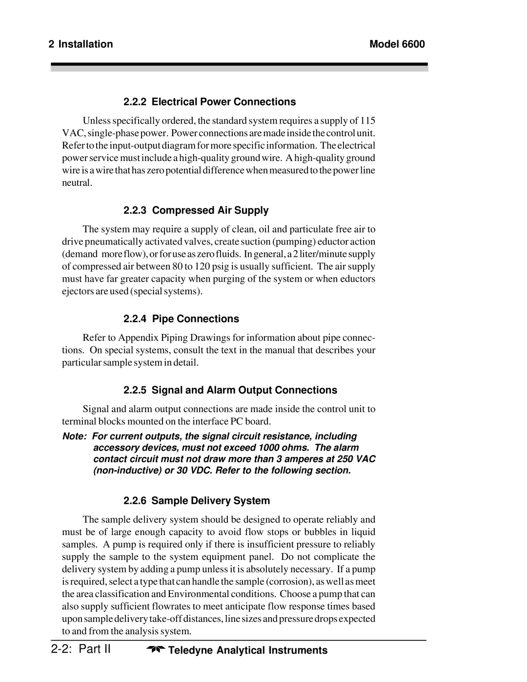 Teledyne 6600 manual Installation Model Electrical Power Connections, Compressed Air Supply, Pipe Connections 