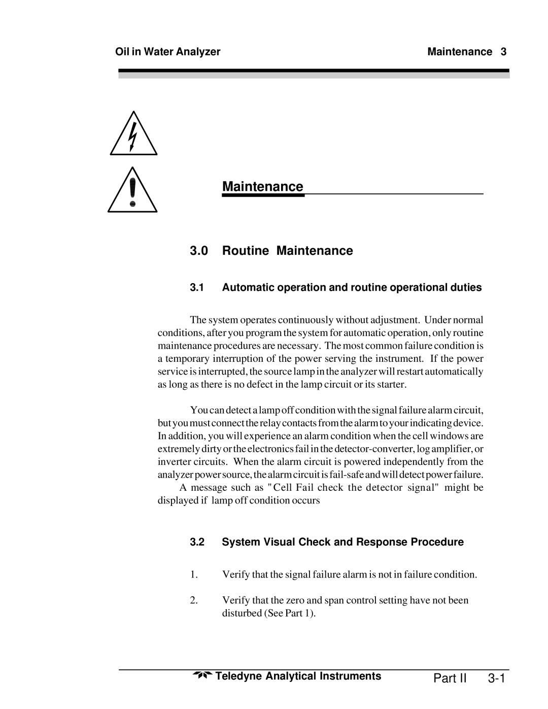 Teledyne 6600 Routine Maintenance, Oil in Water Analyzer Maintenance, Automatic operation and routine operational duties 