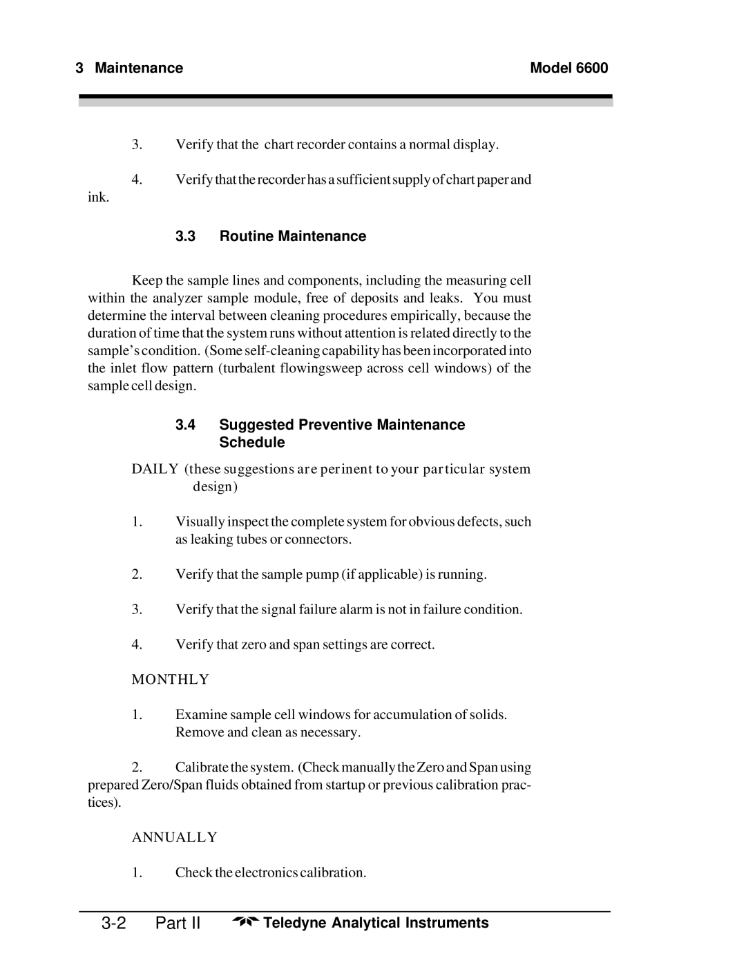 Teledyne 6600 manual Maintenance Model, Routine Maintenance, Suggested Preventive Maintenance Schedule 