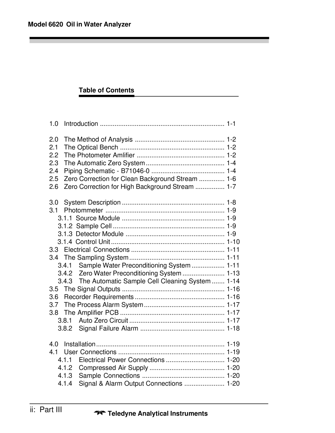 Teledyne 6600 manual Ii Part, Model 6620 Oil in Water Analyzer Table of Contents 