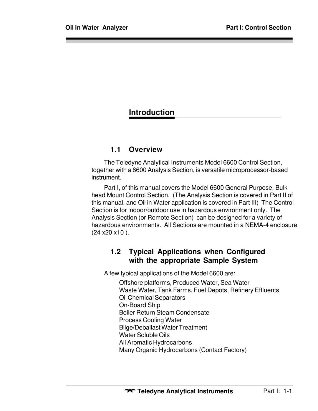 Teledyne 6600 manual Overview, Oil in Water Analyzer Part I Control Section 