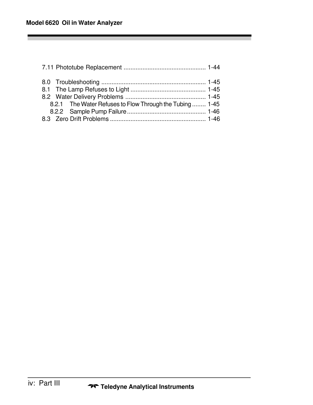 Teledyne 6600 manual Iv Part, Model 6620 Oil in Water Analyzer 