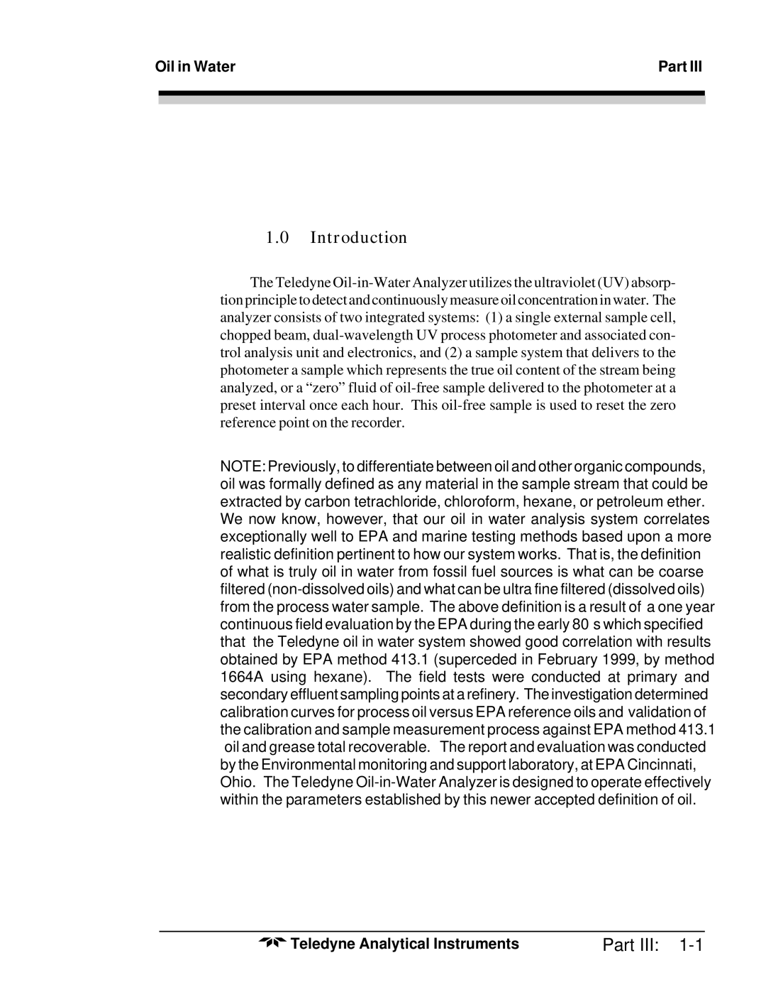 Teledyne 6600 manual Introduction, Oil in Water Part 