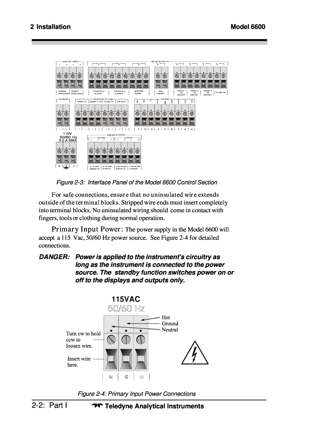 Teledyne 6600 manual 115VAC, 2-2:Part, Installation, Model, Teledyne Analytical Instruments 