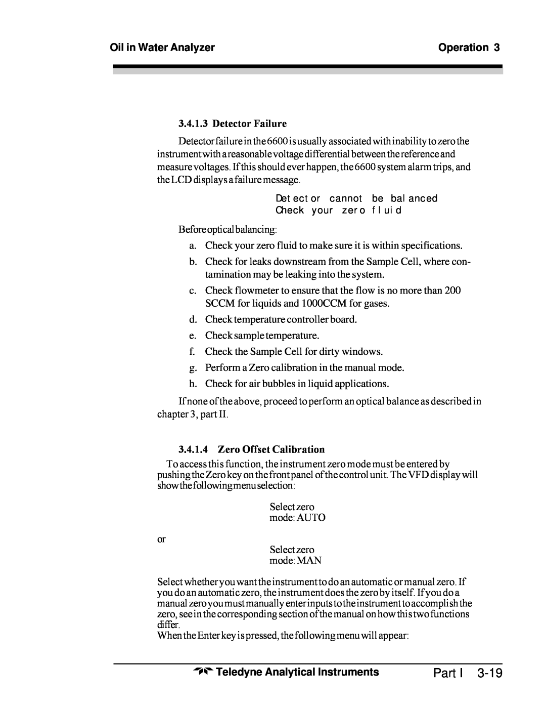 Teledyne 6600 manual Part I, Oil in Water Analyzer, Operation, Detector Failure, Zero Offset Calibration 