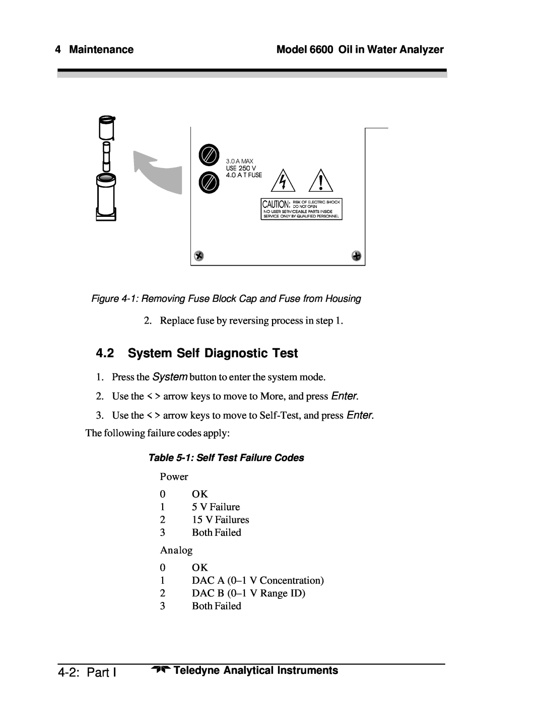 Teledyne manual 4.2System Self Diagnostic Test, 4-2:Part, Maintenance, Model 6600 Oil in Water Analyzer, Power, Analog 