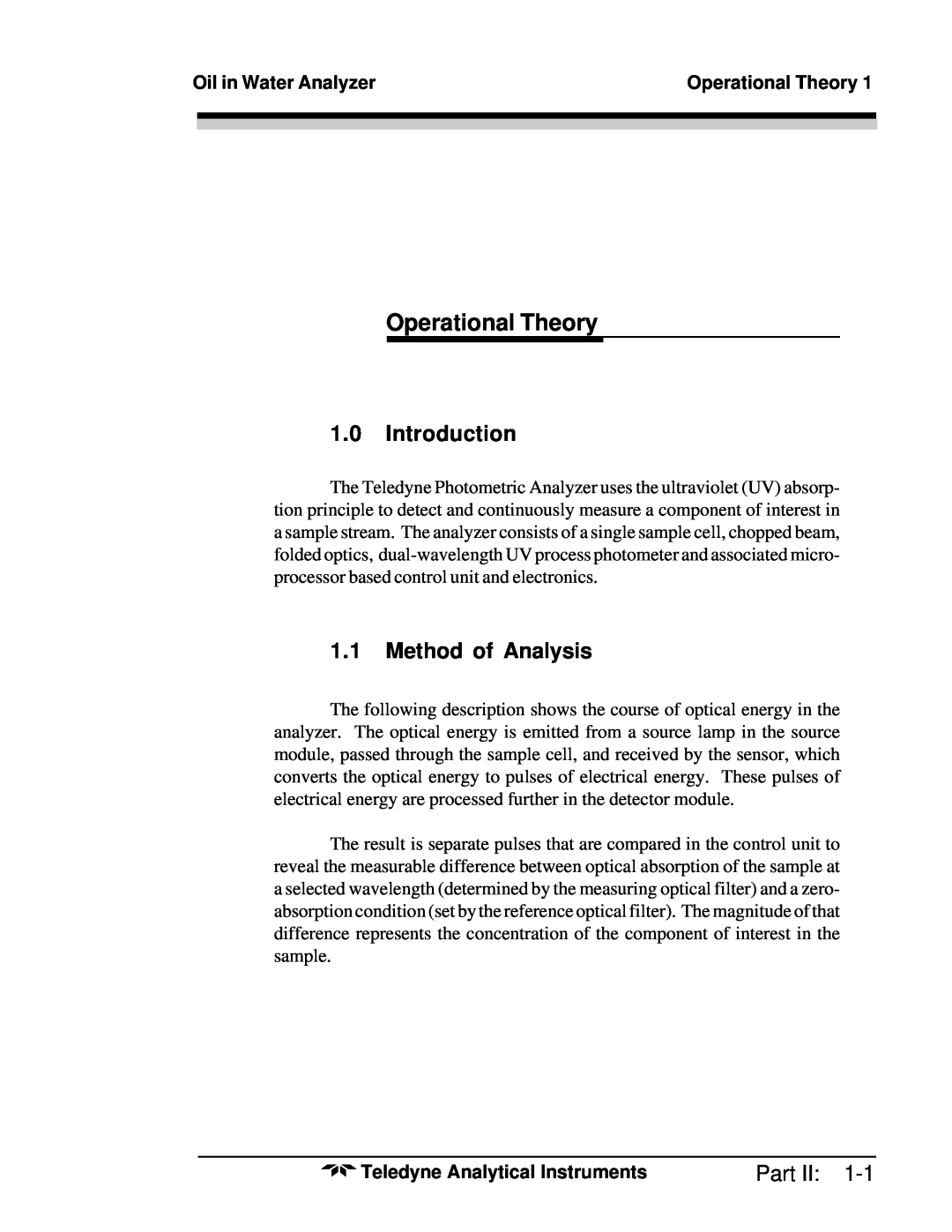 Teledyne 6600 manual Operational Theory, 1.0Introduction, 1.1Method of Analysis, Part II, Oil in Water Analyzer 