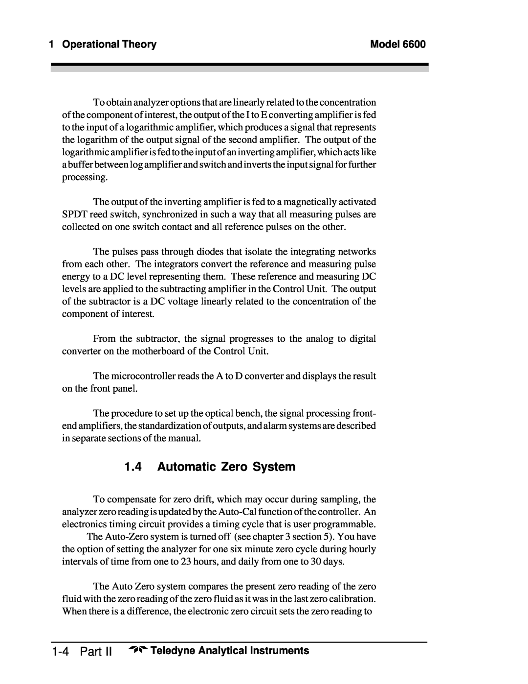 Teledyne 6600 manual 1.4Automatic Zero System, 1-4Part, Operational Theory, Model, Teledyne Analytical Instruments 