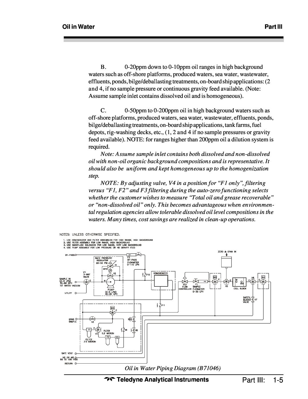 Teledyne 6600 manual Part III, Oil in Water Piping Diagram B71046, Teledyne Analytical Instruments 