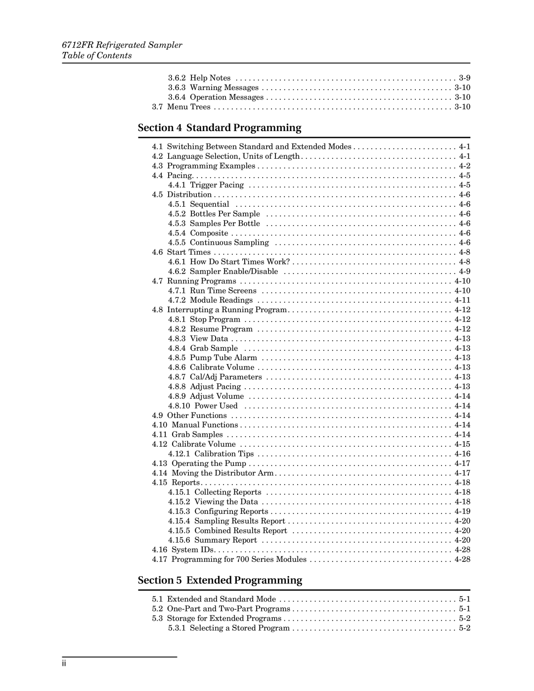 Teledyne manual Standard Programming, Extended Programming, 6712FR Refrigerated Sampler Table of Contents 