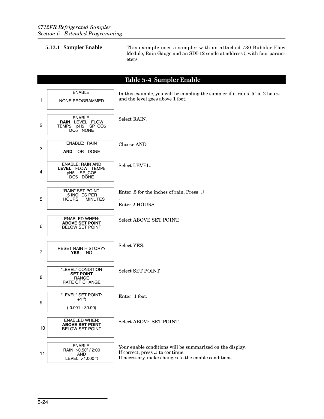 Teledyne manual Sampler Enable, 6712FR Refrigerated Sampler Section Extended Programming 