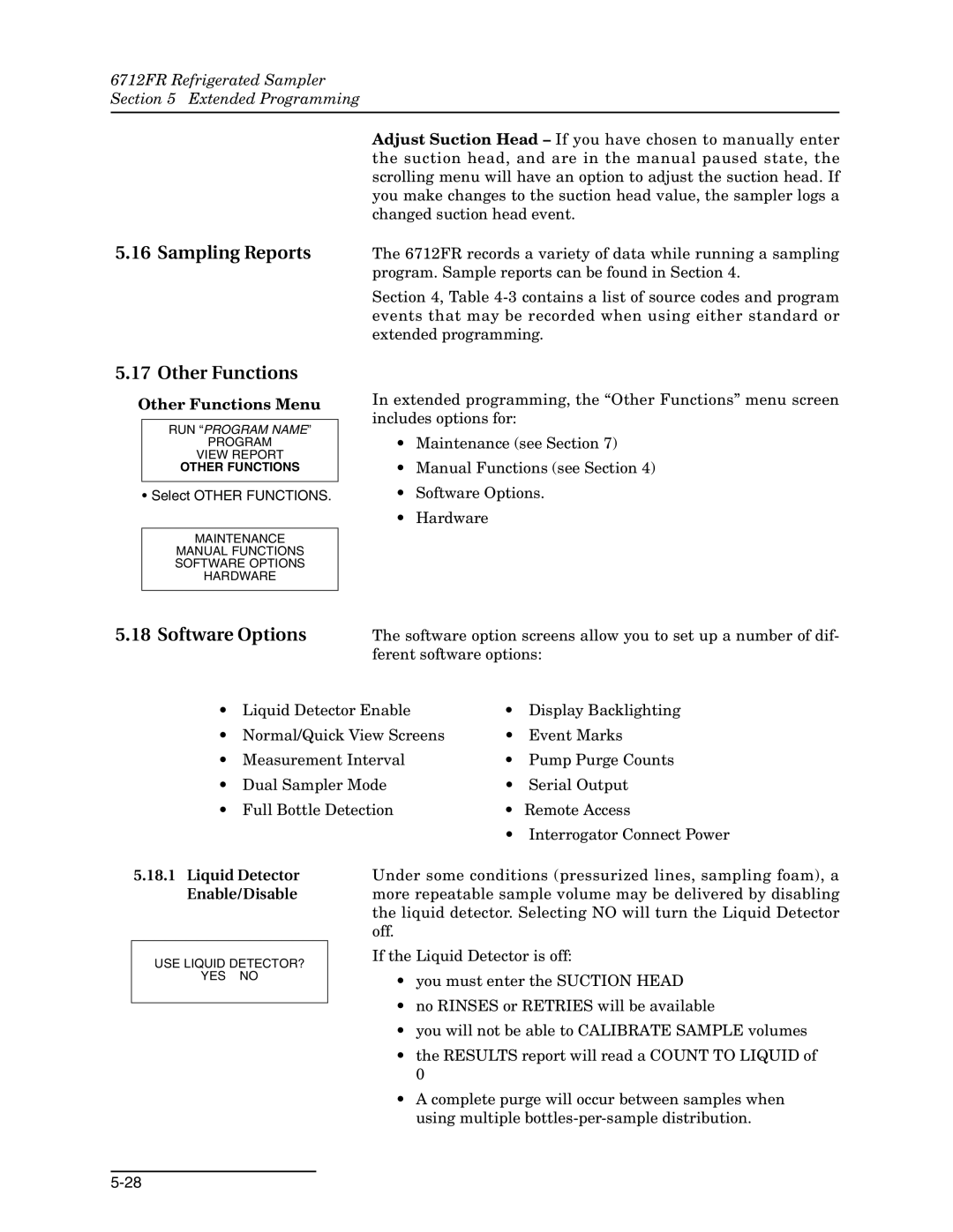 Teledyne 6712FR manual Sampling Reports Other Functions, Software Options, Liquid Detector Enable/Disable 