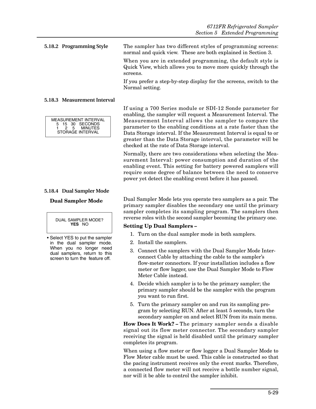 Teledyne 6712FR manual Programming Style Measurement Interval, Dual Sampler Mode, Setting Up Dual Samplers 