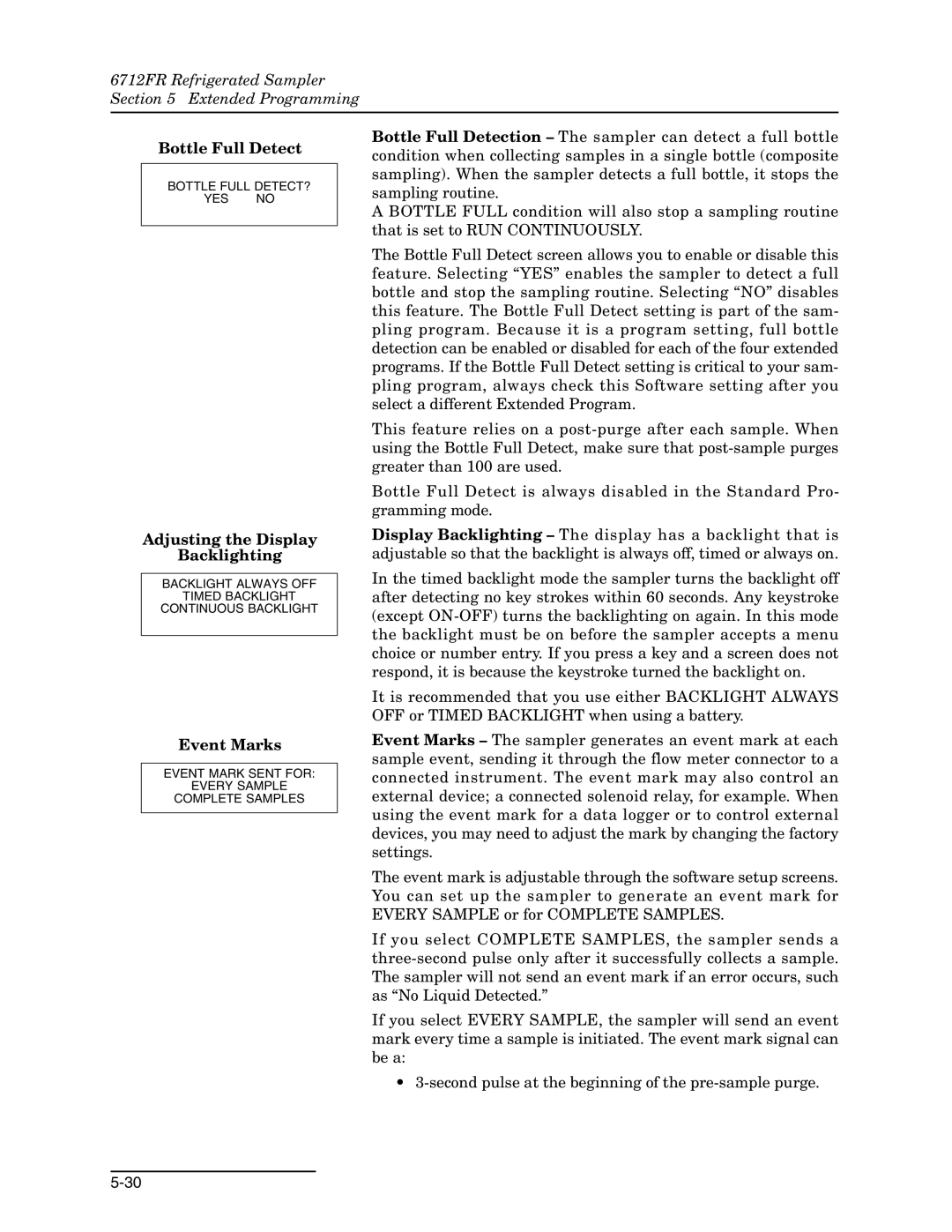 Teledyne 6712FR manual Bottle Full Detect, Adjusting the Display Backlighting, Event Marks 