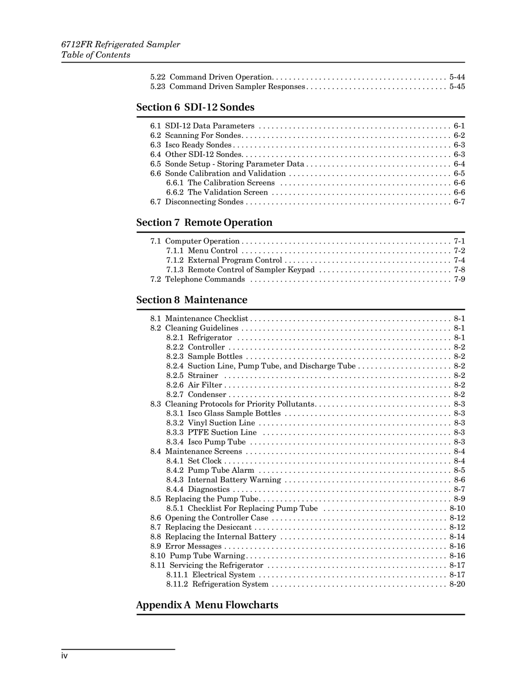 Teledyne 6712FR manual SDI-12 Sondes, Remote Operation, Maintenance, Appendix a Menu Flowcharts 