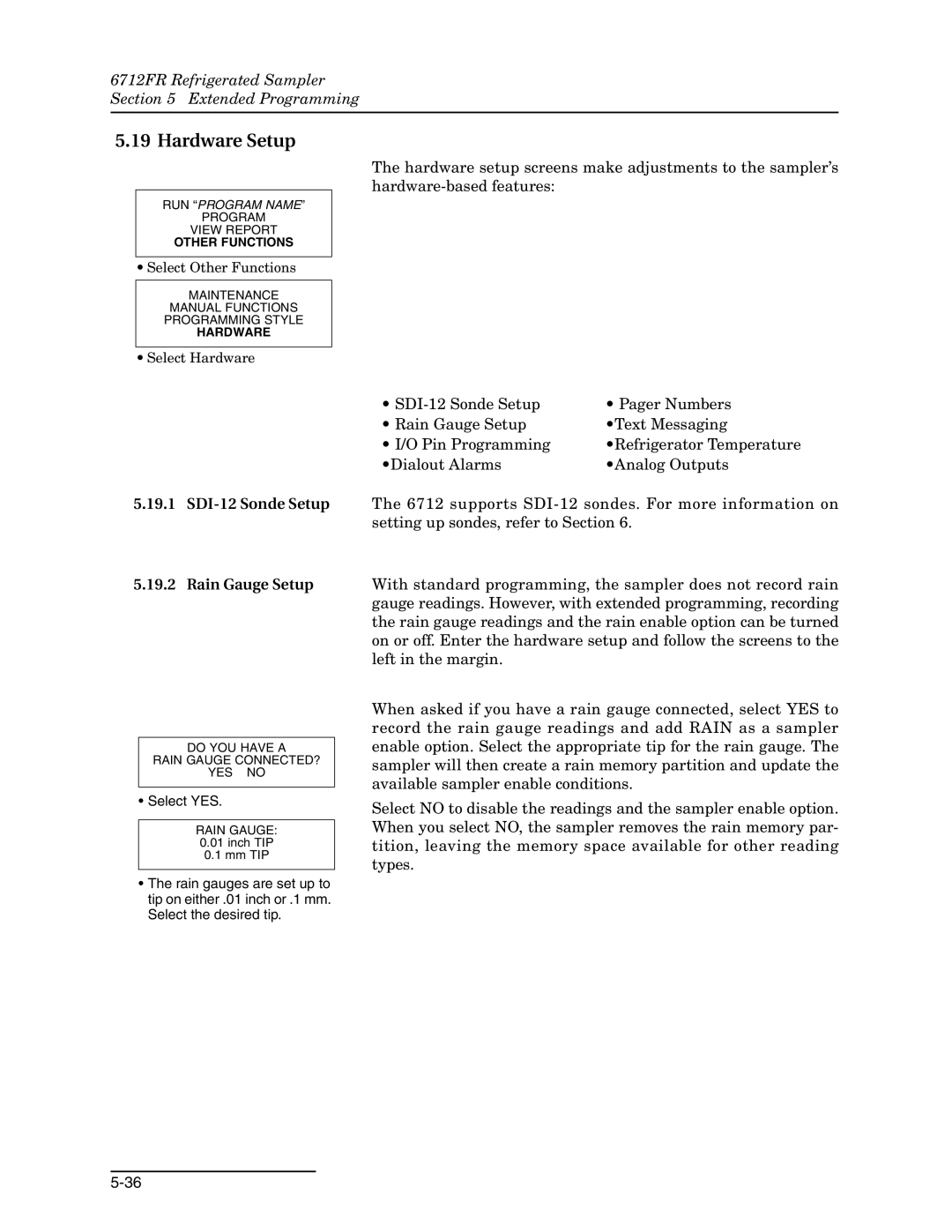 Teledyne 6712FR manual Hardware Setup, SDI-12 Sonde Setup Rain Gauge Setup 