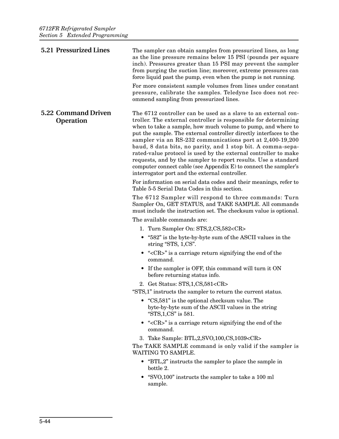 Teledyne 6712FR manual Pressurized Lines Command Driven Operation, Waiting to Sample 