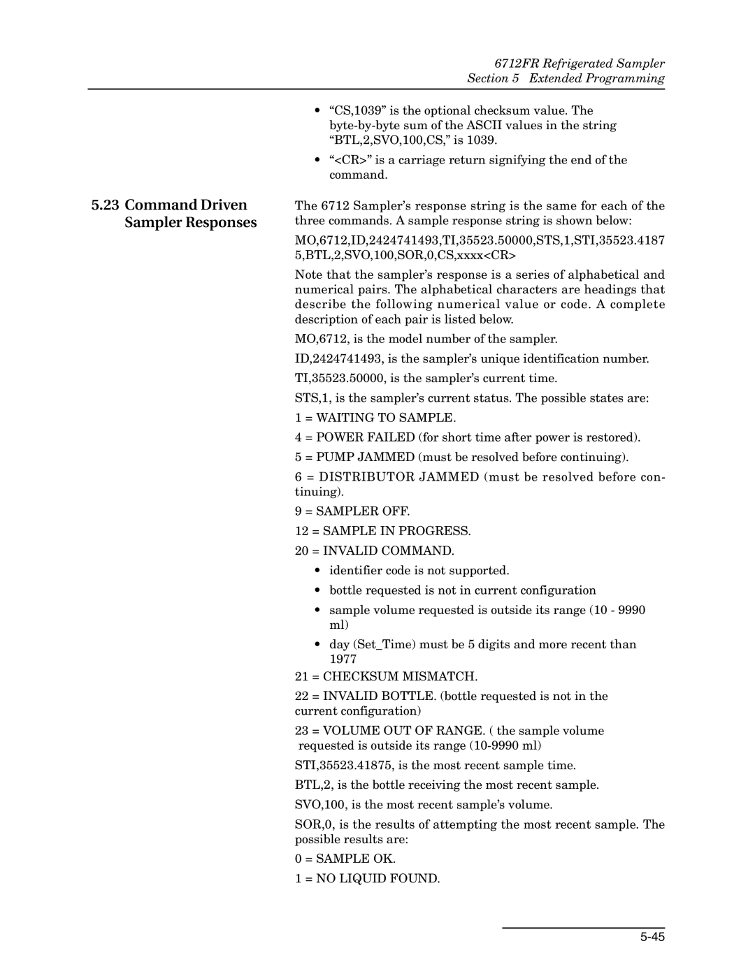 Teledyne 6712FR manual Command Driven Sampler Responses, = Waiting to Sample 