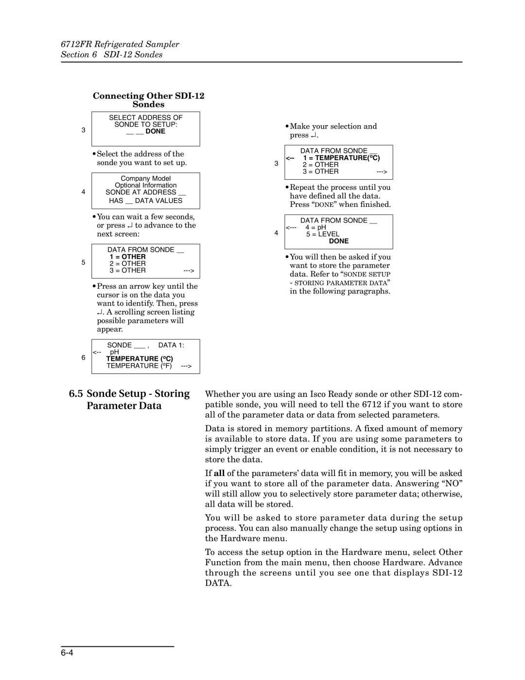 Teledyne 6712FR manual Sonde Setup Storing Parameter Data, Connecting Other SDI-12 Sondes 