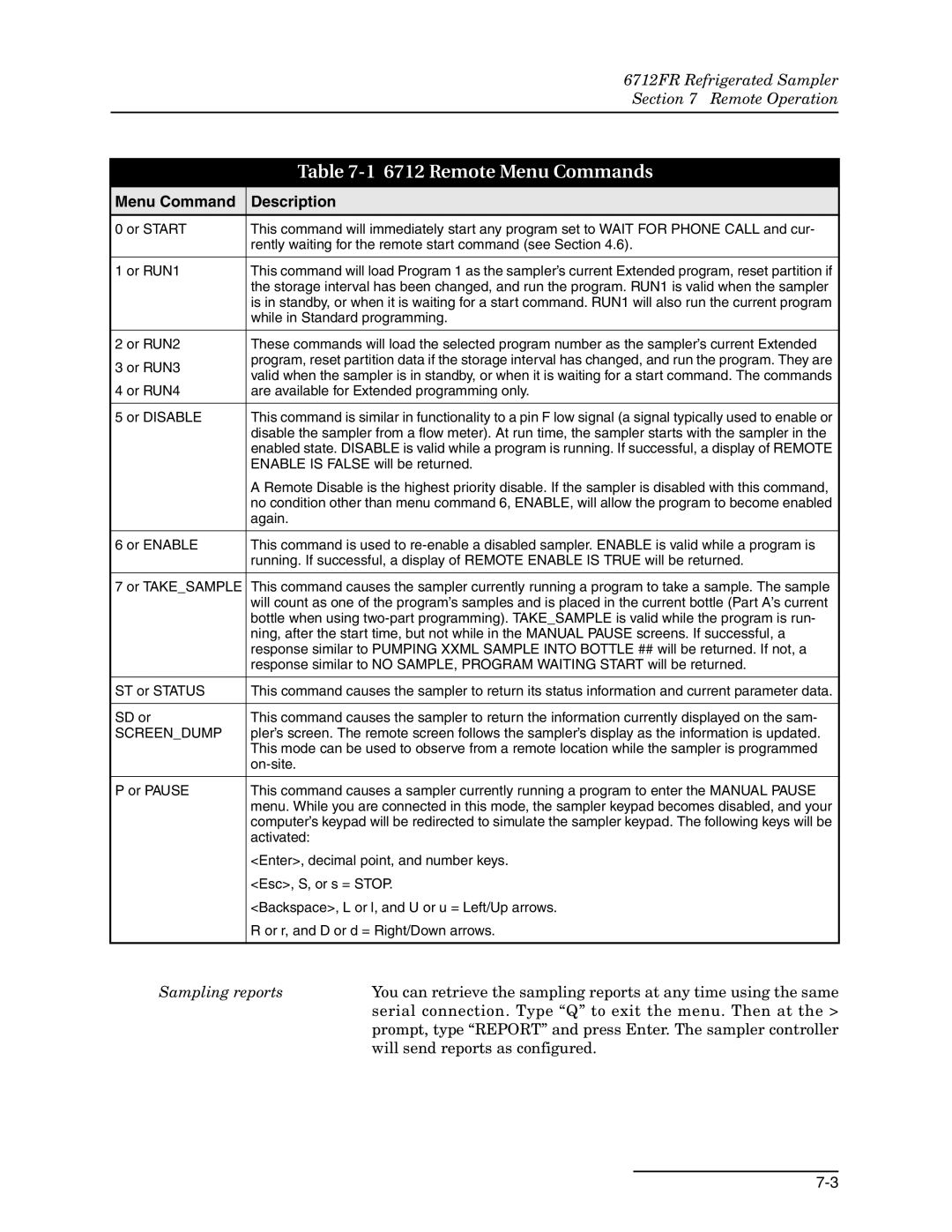 Teledyne 6712FR manual Remote Menu Commands, Menu Command Description, Sampling reports 