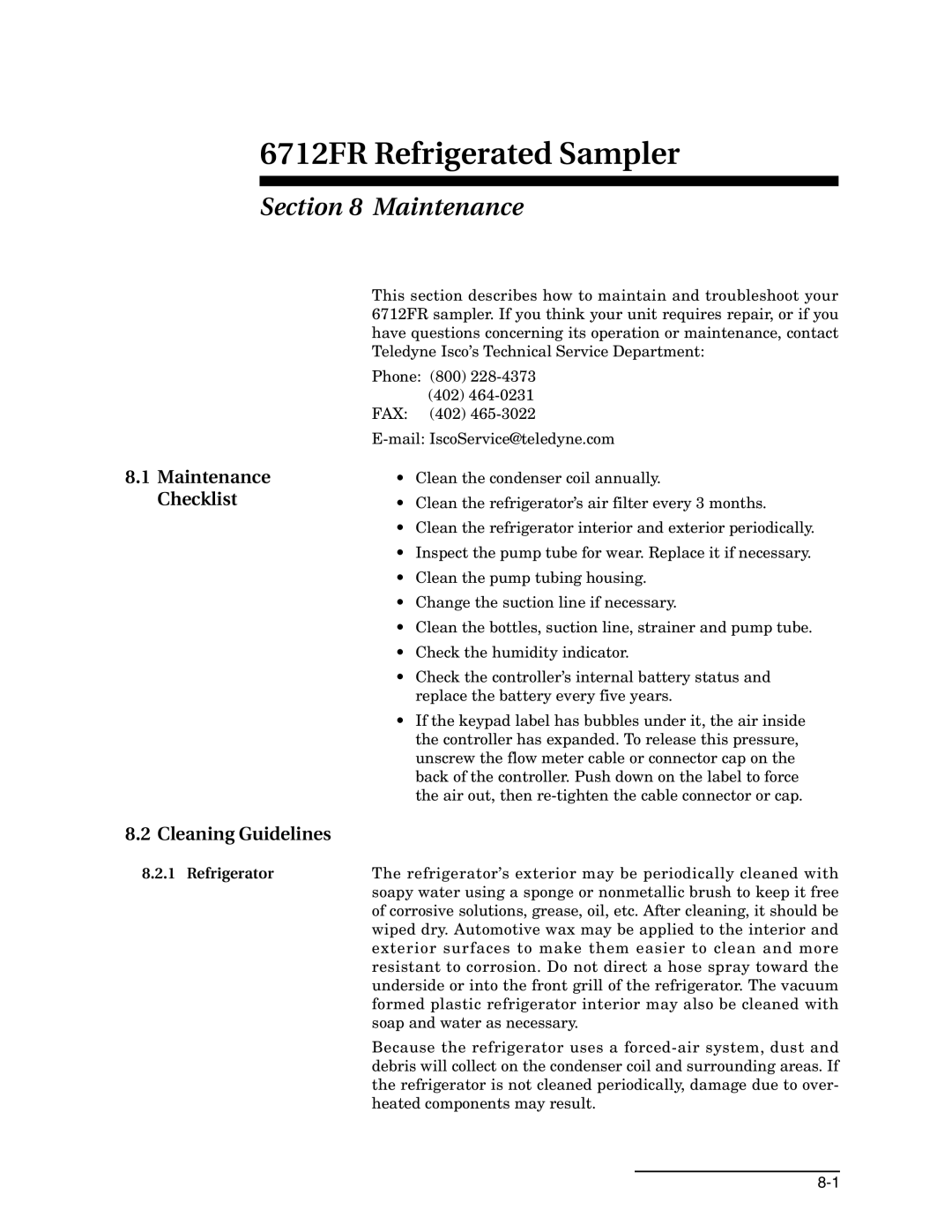 Teledyne 6712FR manual Maintenance Checklist, Cleaning Guidelines 