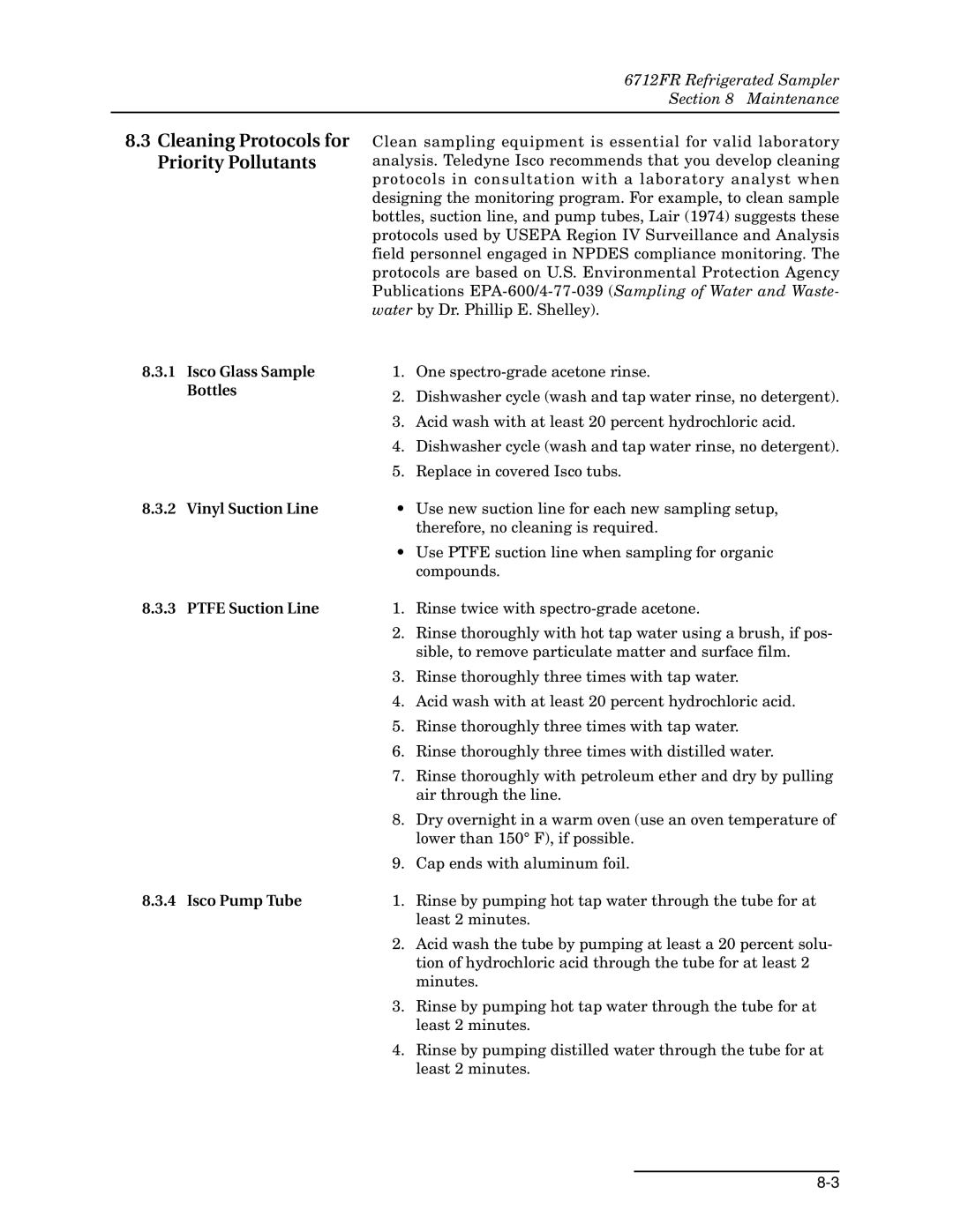 Teledyne 6712FR manual Cleaning Protocols for Priority Pollutants, Isco Glass Sample, Vinyl Suction Line, Ptfe Suction Line 