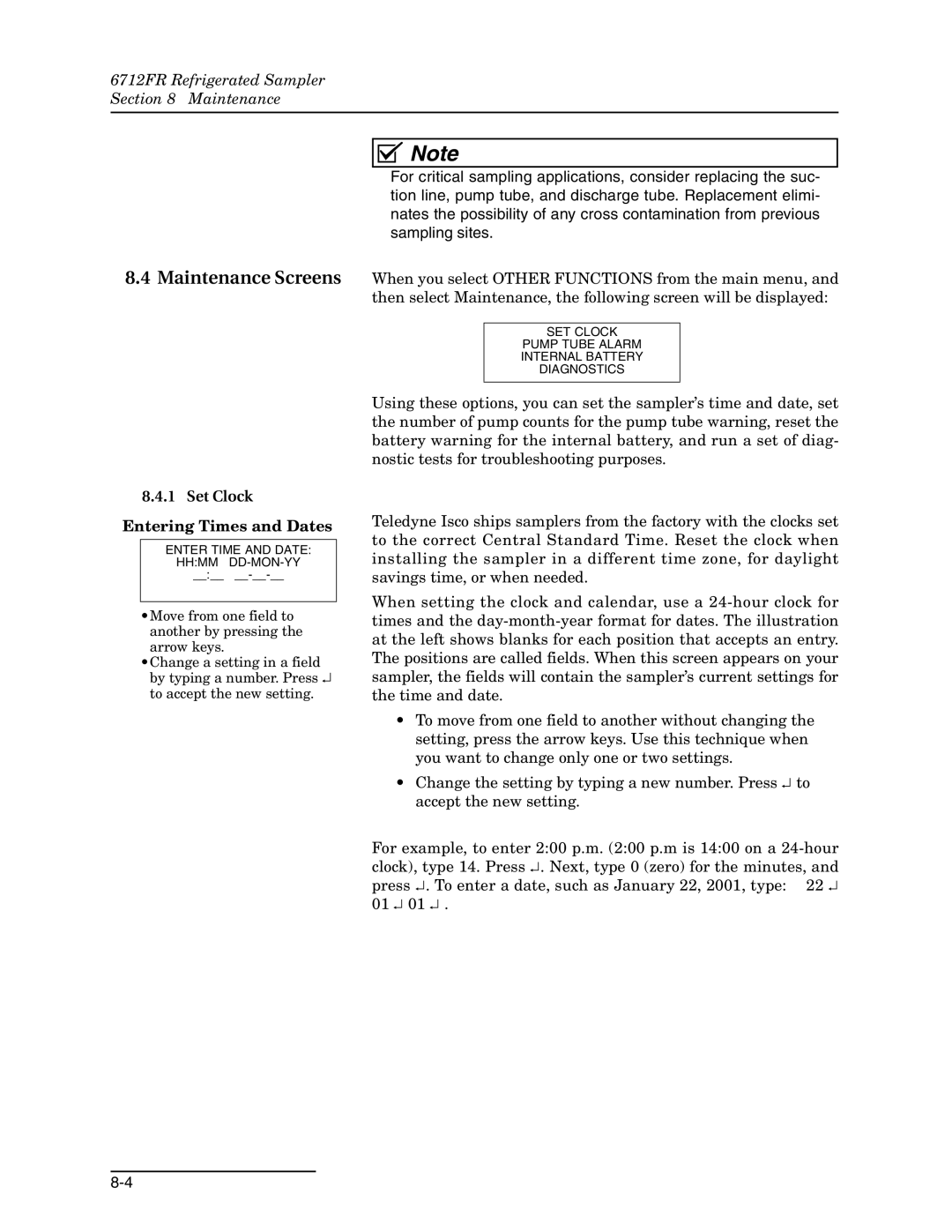 Teledyne 6712FR manual Maintenance Screens, Set Clock Entering Times and Dates 