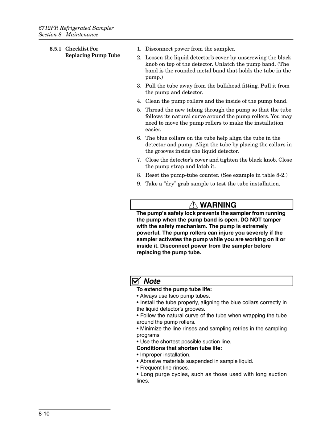 Teledyne 6712FR manual Checklist For Replacing Pump Tube, Conditions that shorten tube life 