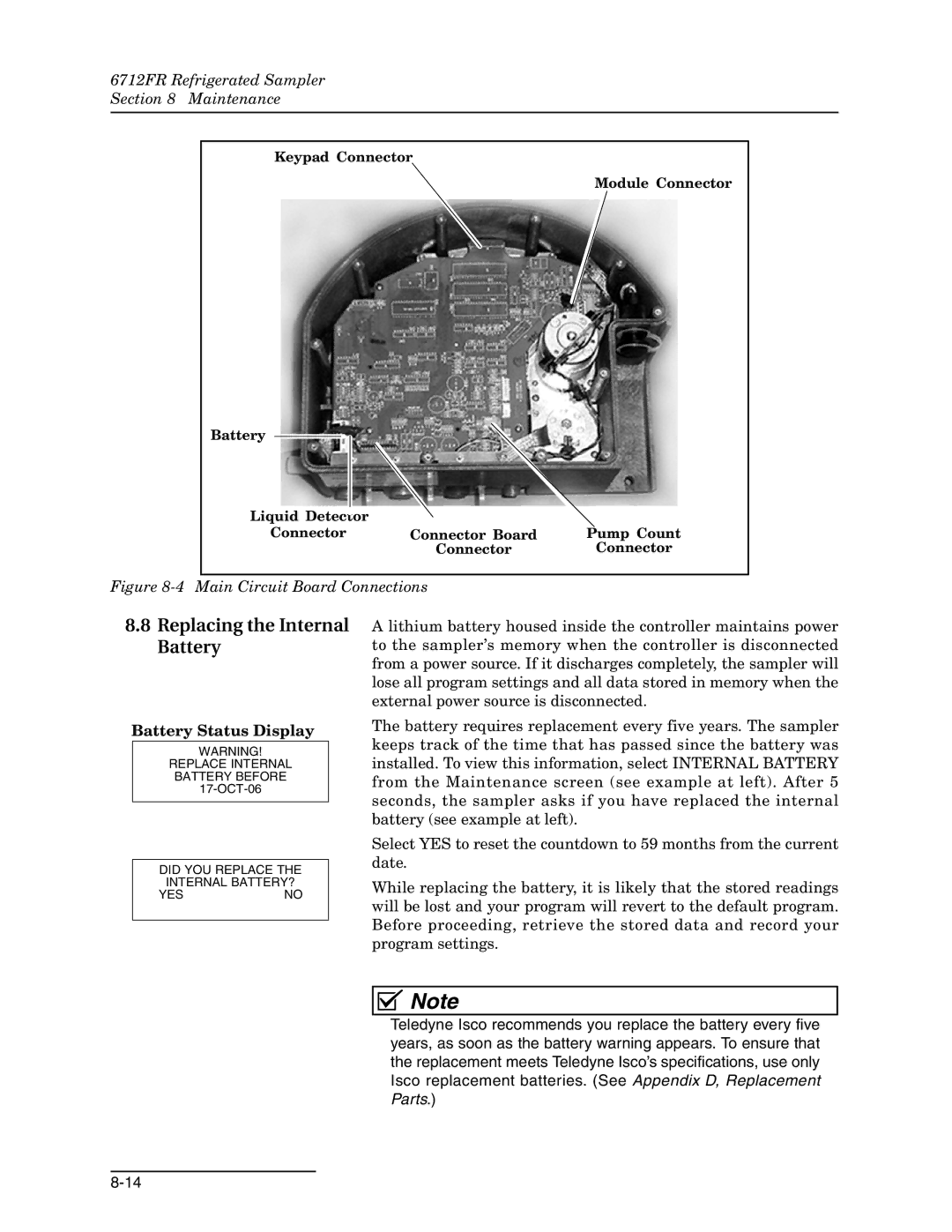 Teledyne 6712FR manual Replacing the Internal Battery, Battery Status Display 