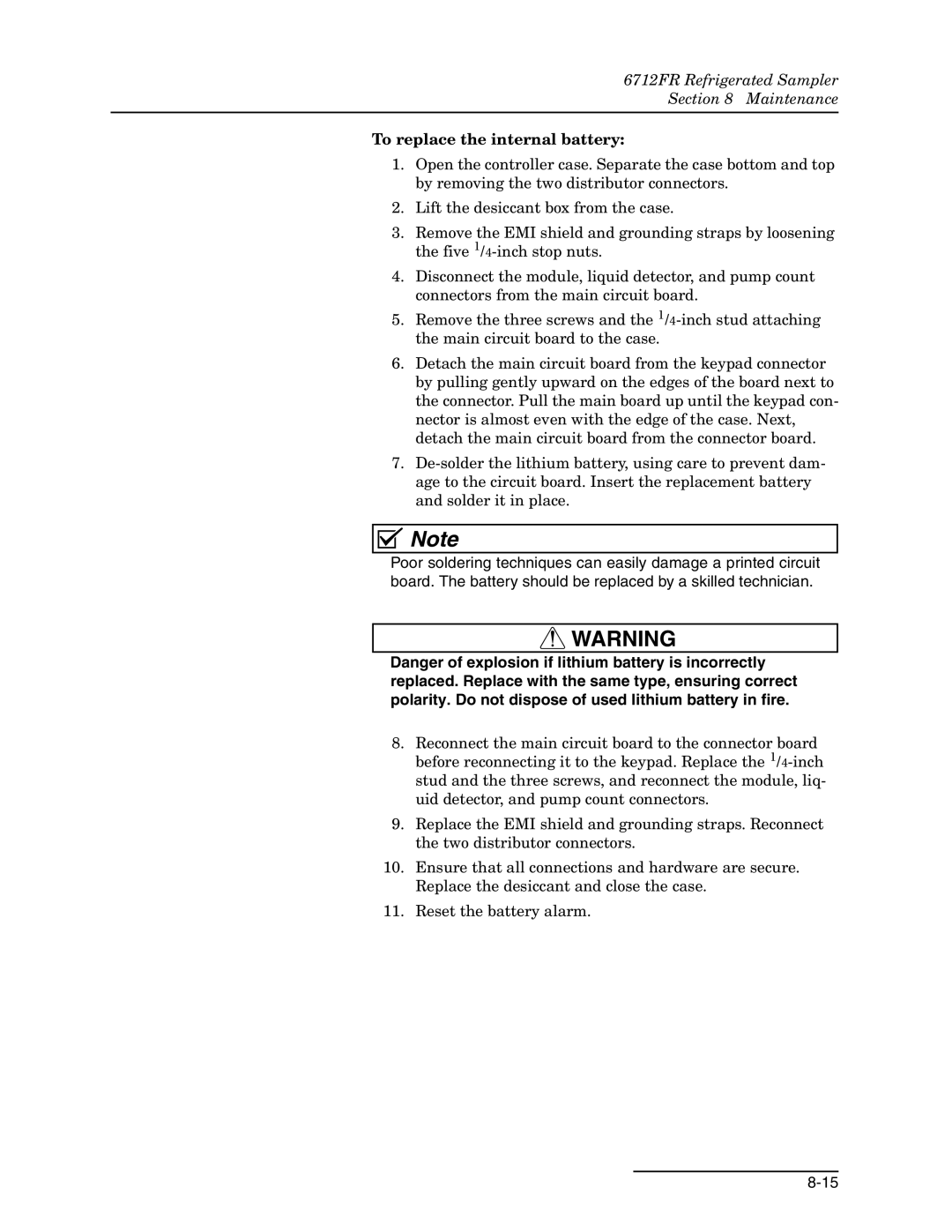 Teledyne 6712FR manual To replace the internal battery 